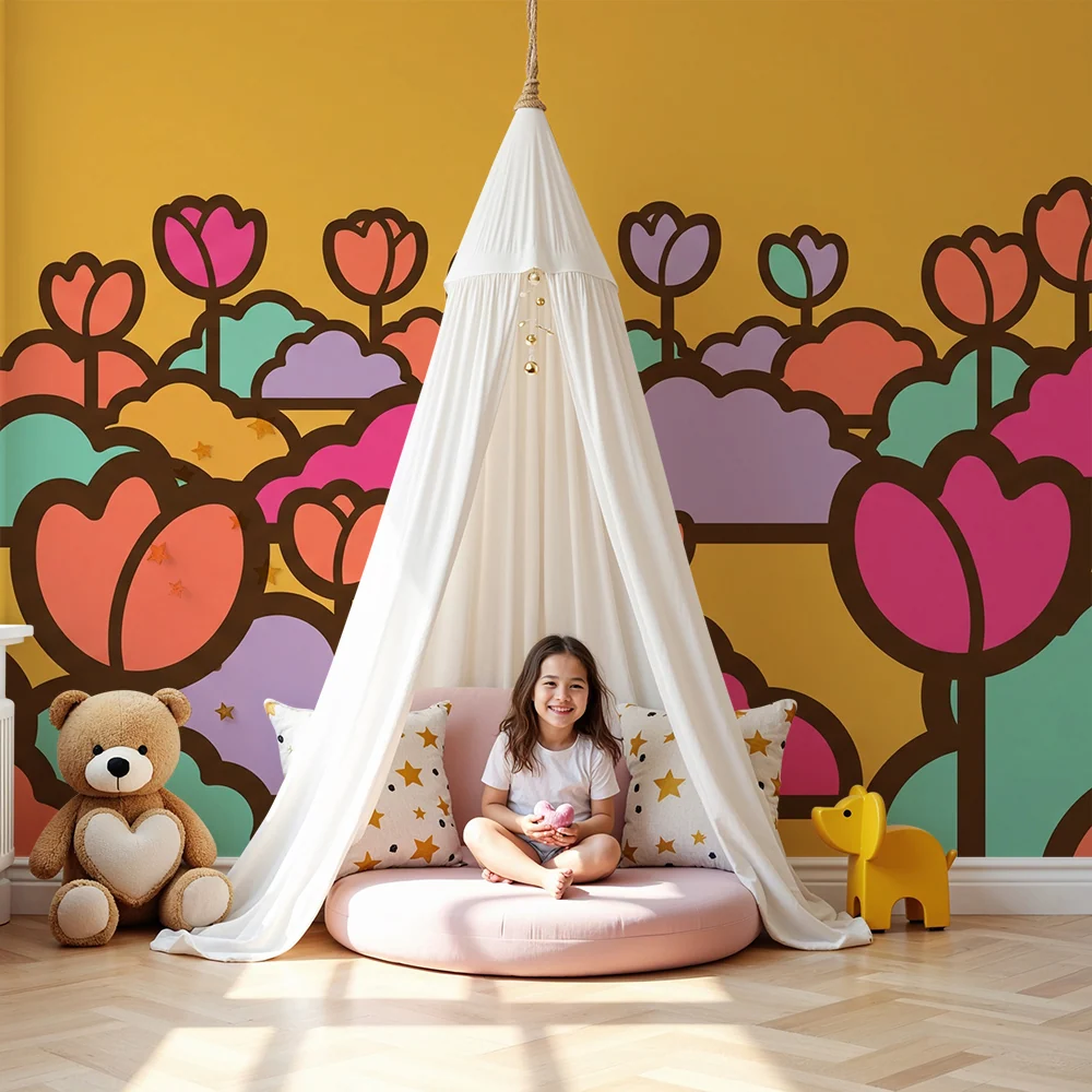Nursery room wallpaper | Színes virágmező sárga háttérrel