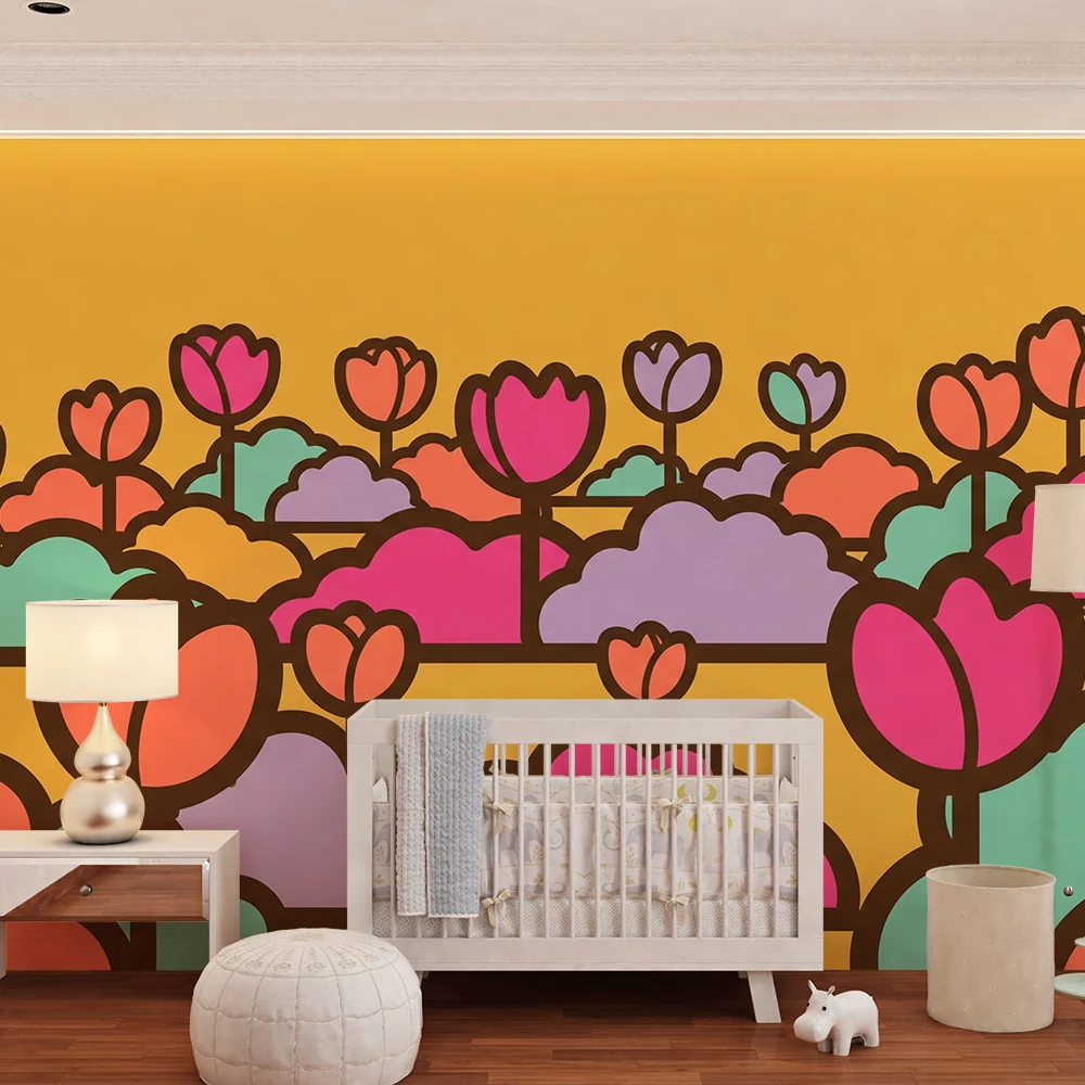Nursery room wallpaper | Színes virágmező sárga háttérrel