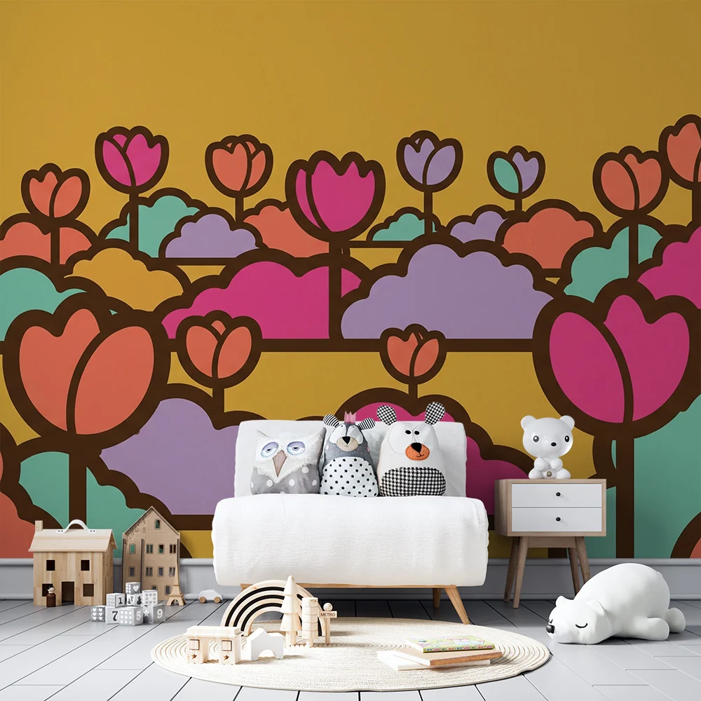 Nursery room wallpaper | Színes virágmező sárga háttérrel