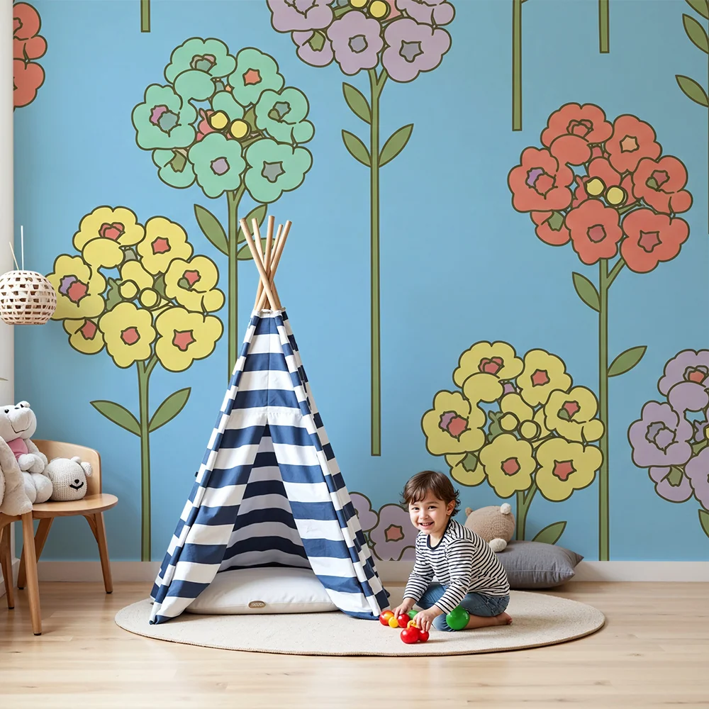Nursery room wallpaper | Színes virágok kék háttéren vidám hangulathoz
