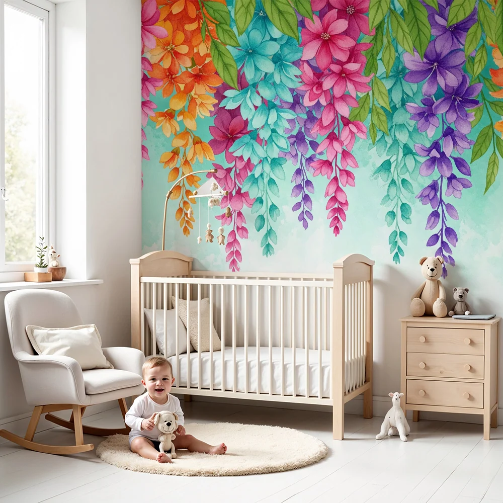 Nursery room wallpaper | Színes virágok és dús lombozat
