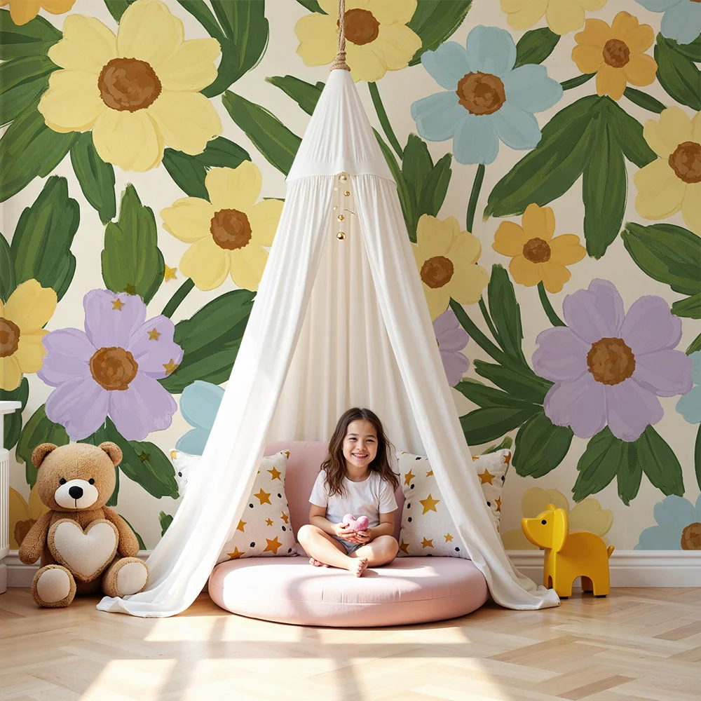Nursery room wallpaper | Színes virágok és dús növényzet egy lágy hangulathoz