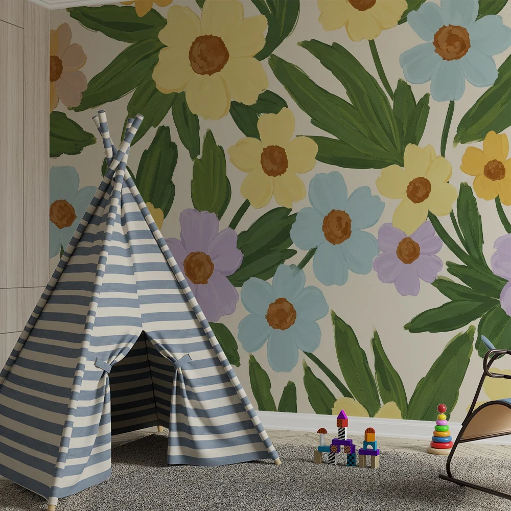 Nursery room wallpaper | Színes virágok és dús növényzet egy lágy hangulathoz