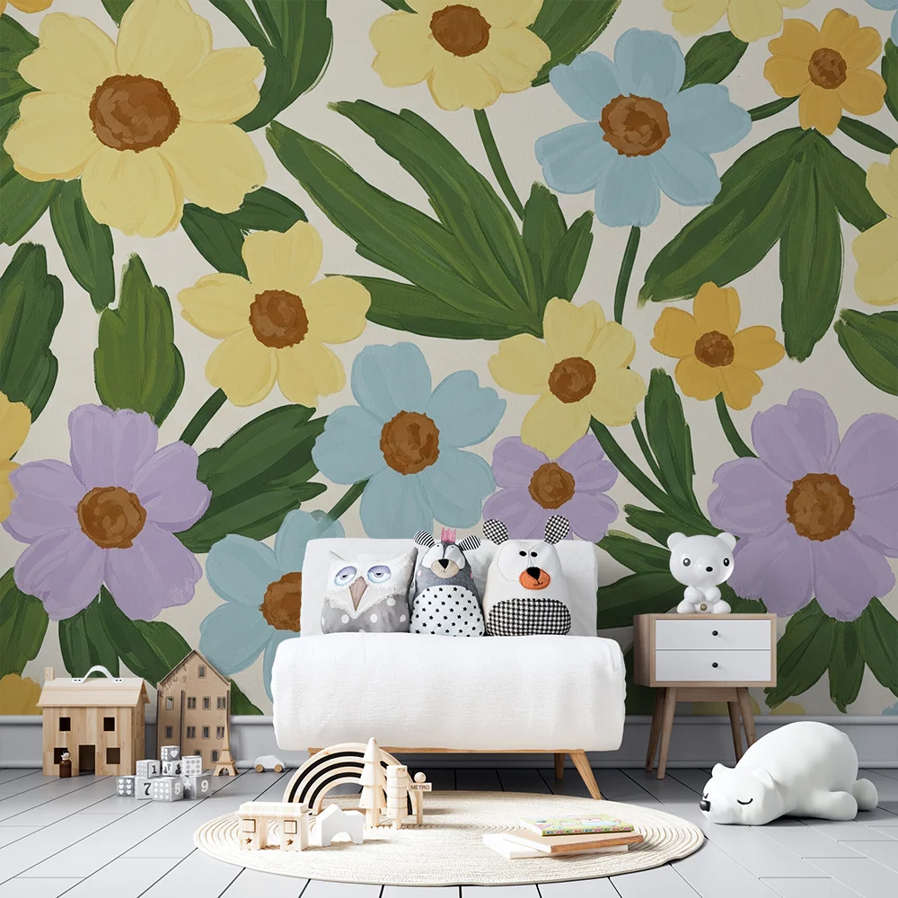 Nursery room wallpaper | Színes virágok és dús növényzet egy lágy hangulathoz