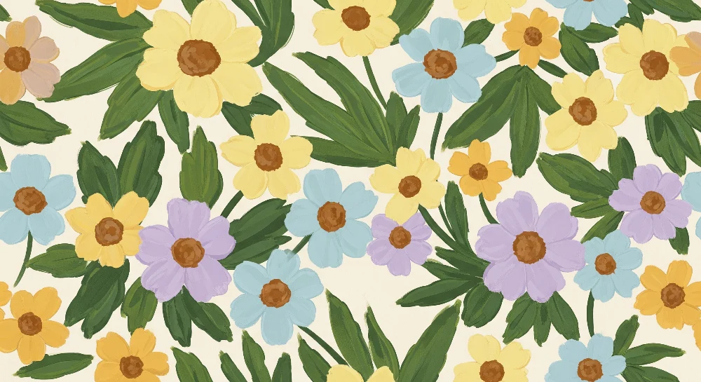 Nursery room wallpaper | Színes virágok és dús növényzet egy lágy hangulathoz