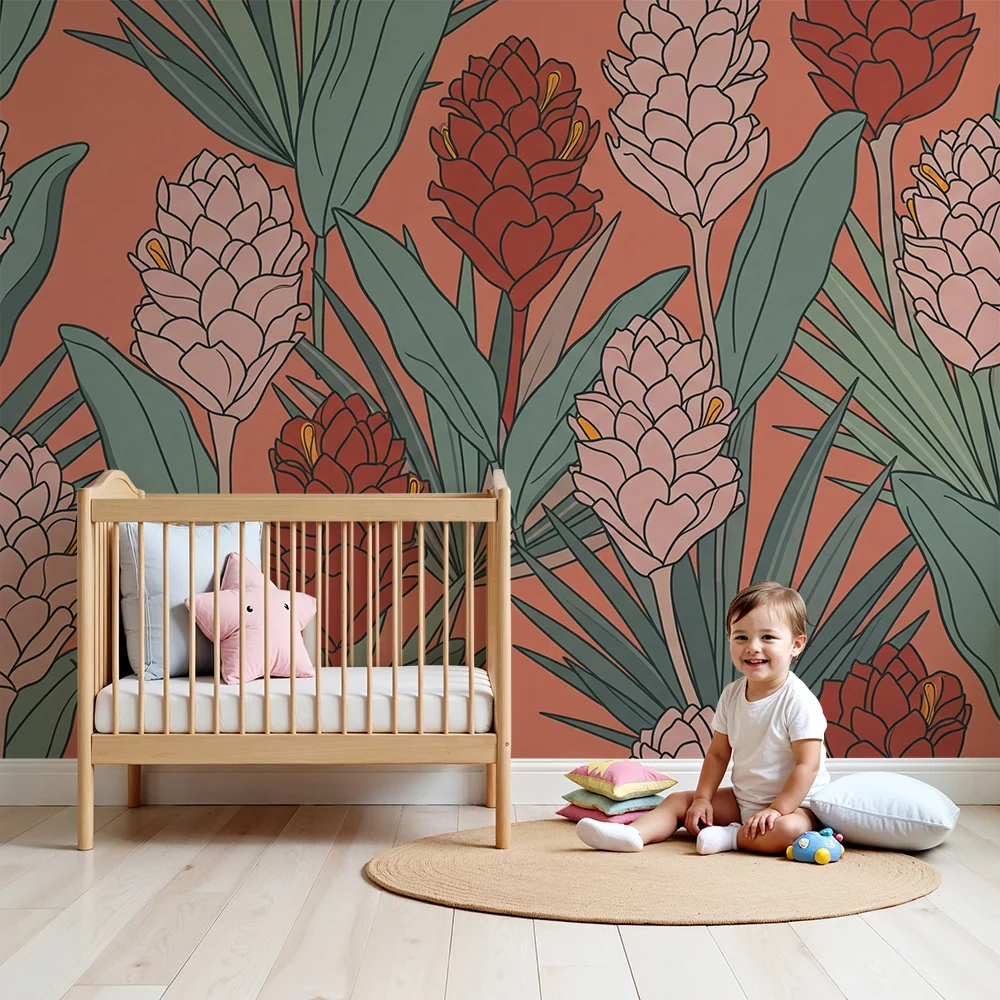 Nursery room wallpaper | Tropikus virágok korall alapon dús növényzettel
