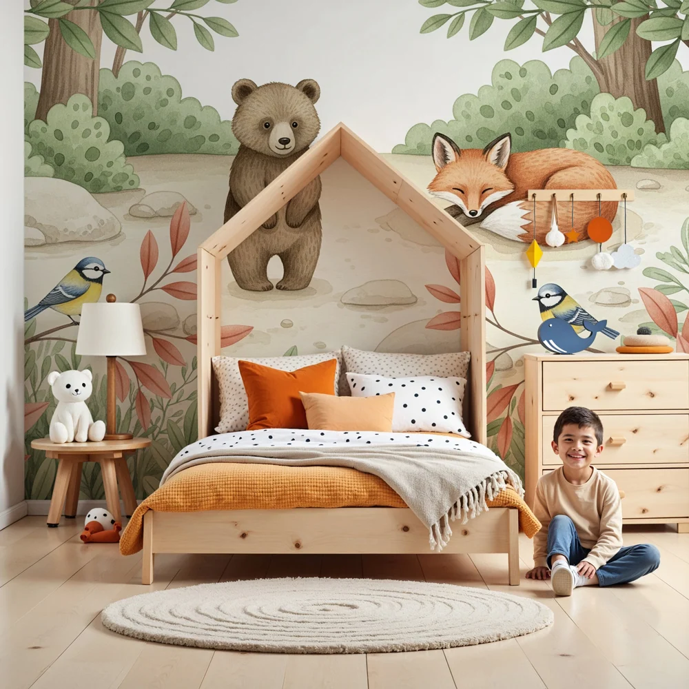 Nursery room wallpaper | Varázslatos erdő medve és róka