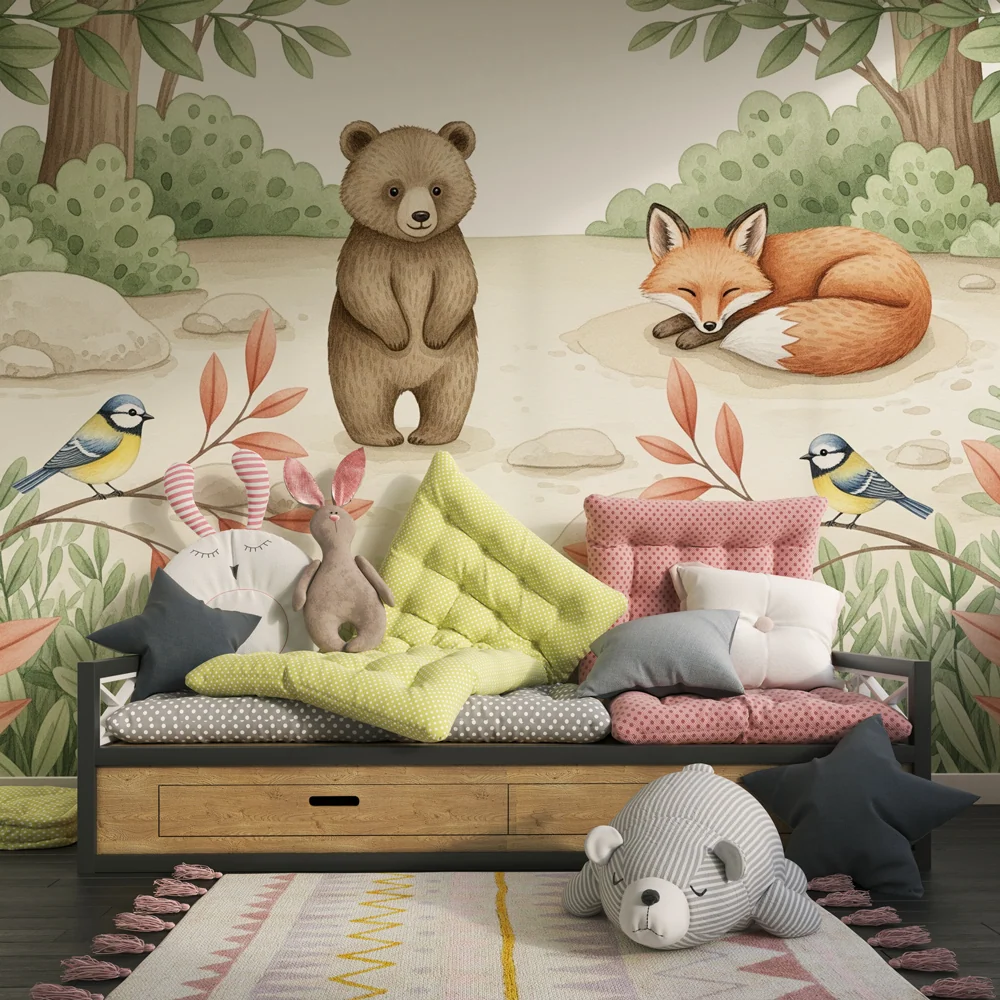 Nursery room wallpaper | Varázslatos erdő medve és róka