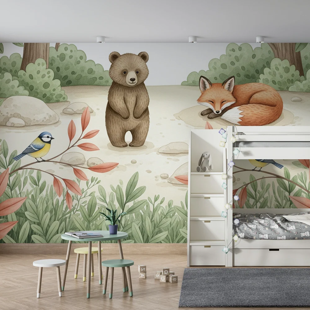 Nursery room wallpaper | Varázslatos erdő medve és róka