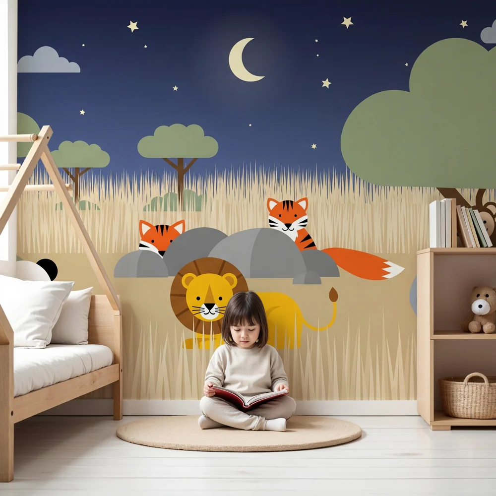 Papel de parede quarto bebê | Az éjszaka szafarin aranyos állatokkal
