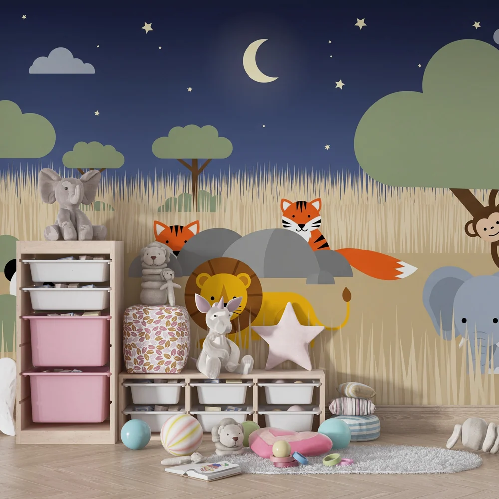 Papel de parede quarto bebê | Az éjszaka szafarin aranyos állatokkal