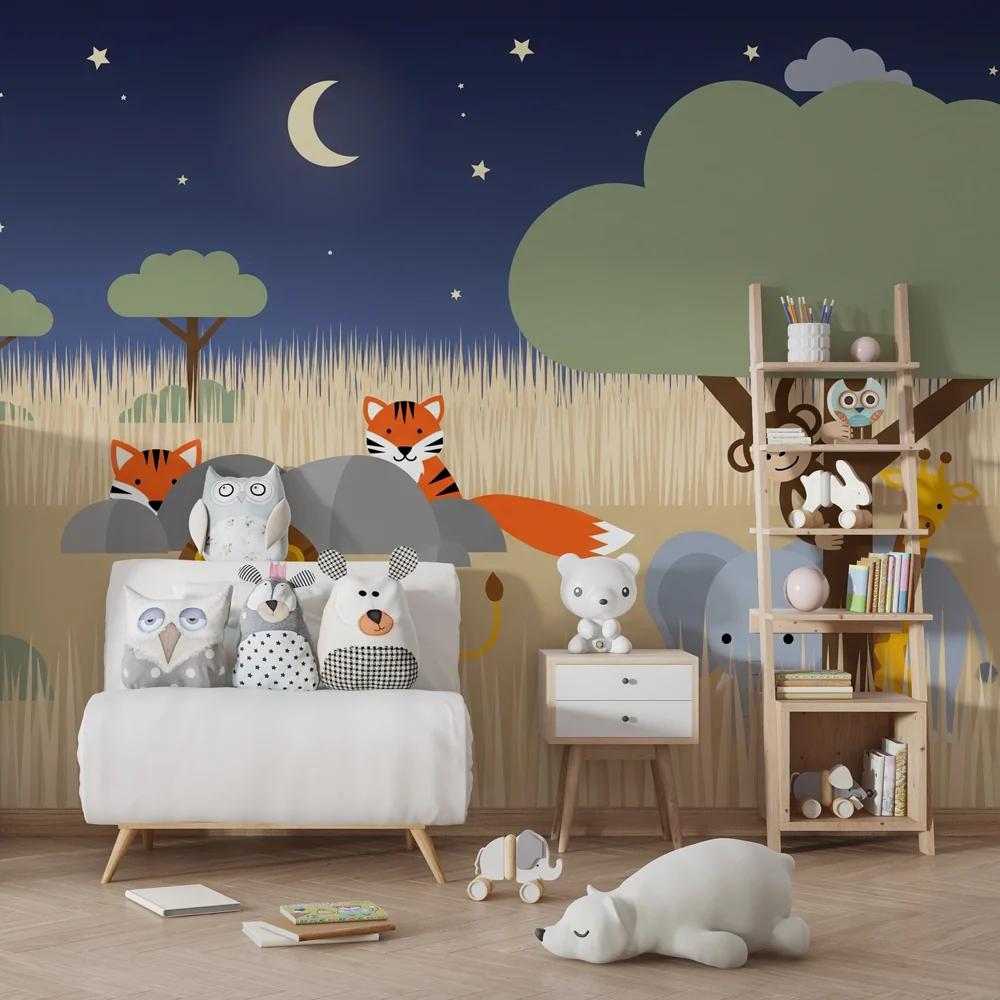Papel de parede quarto bebê | Az éjszaka szafarin aranyos állatokkal