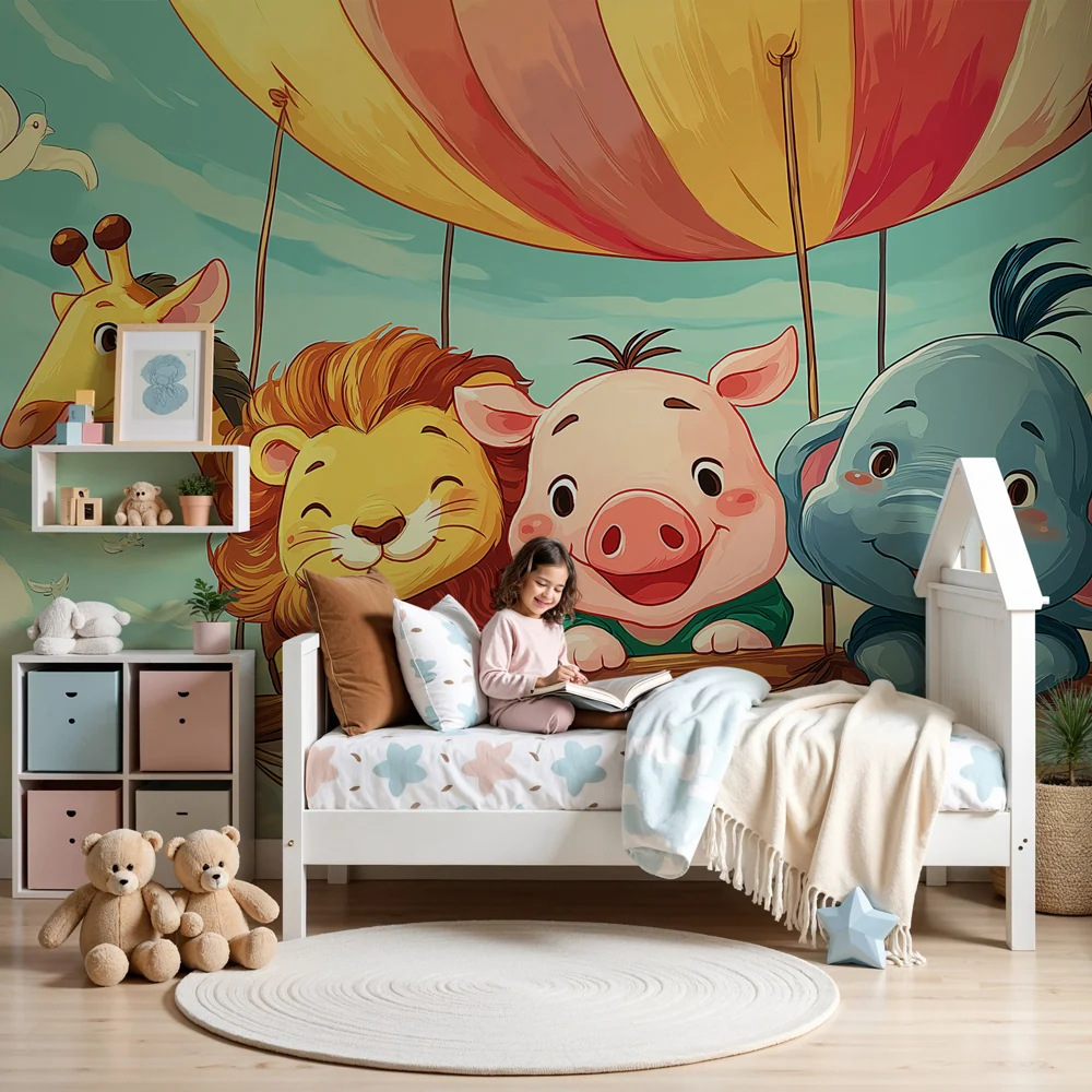 Papel de parede quarto bebê | Állatok hőlégballonban felhők között