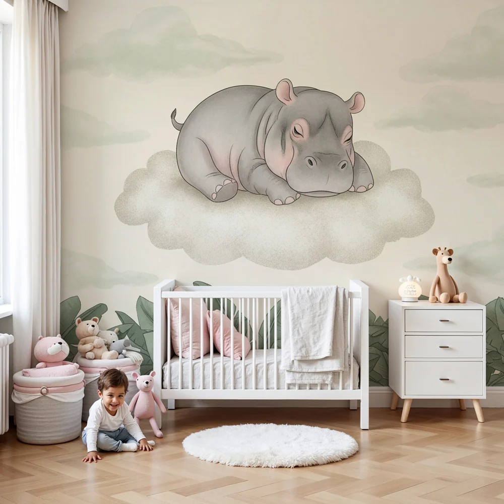 Papier de parede bébyszoba | Álmodozó víziló egy felhőn