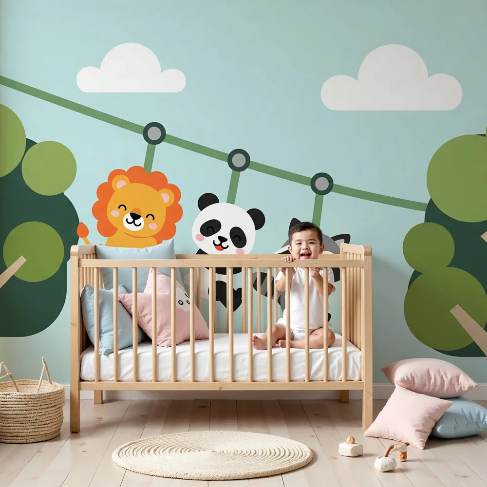 Papier de parede bébé | Vidám állatok egy játékos dzsungelben