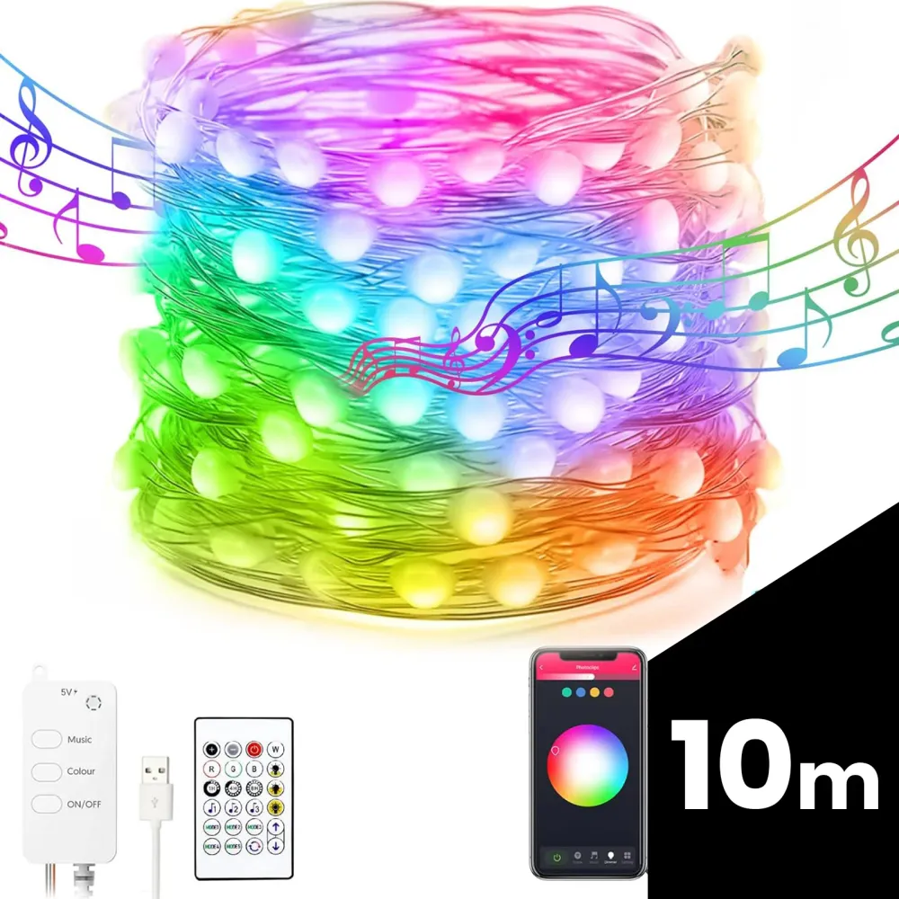 Smart fényfüzér - USB - 66 RGB LED - 10 m - Bluetooth, Hello Fairy (Ingyenesen letölthető), 1.2A , 5W