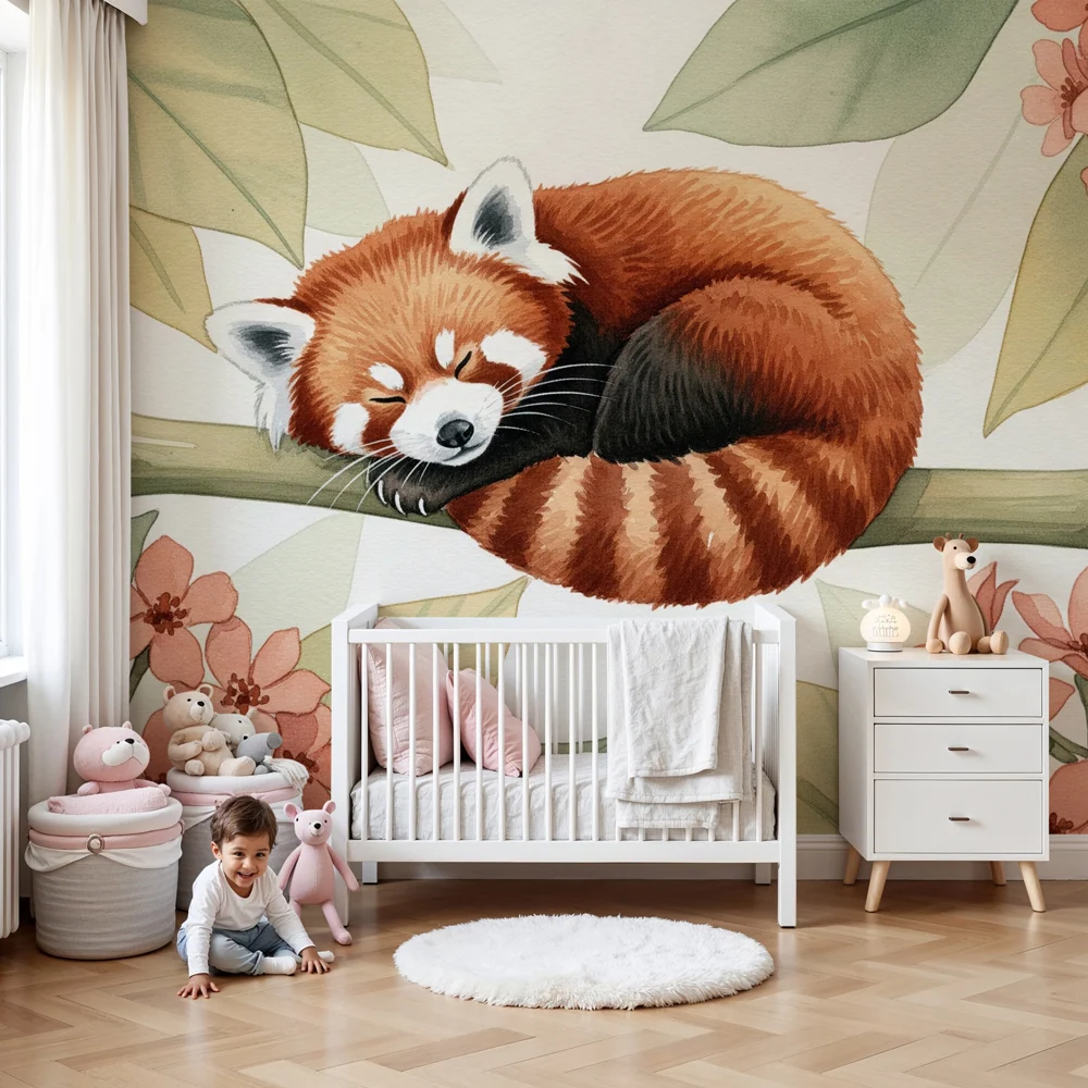 Tapéta baba szobába | Alvó vörös panda virágok között