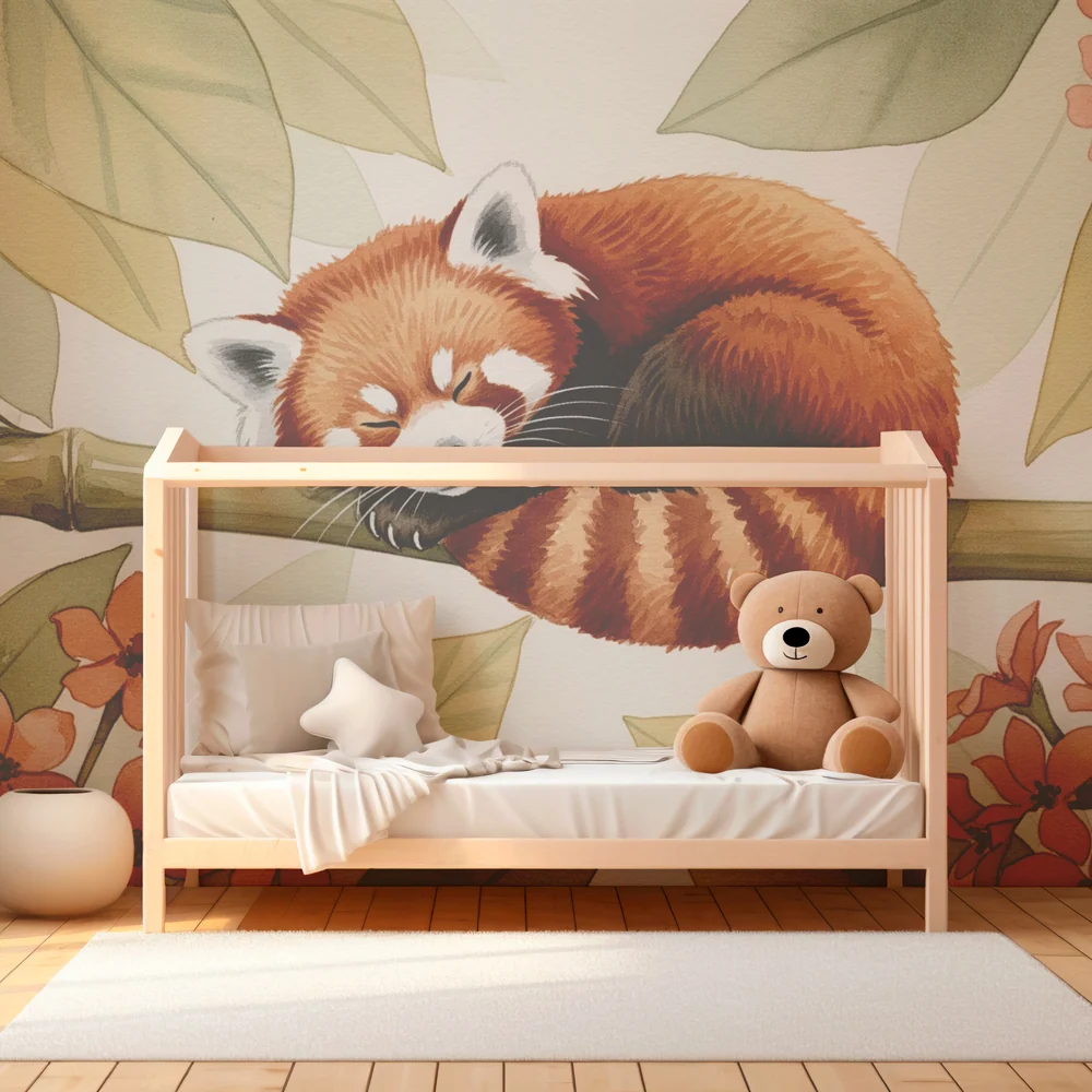 Tapéta baba szobába | Alvó vörös panda virágok között
