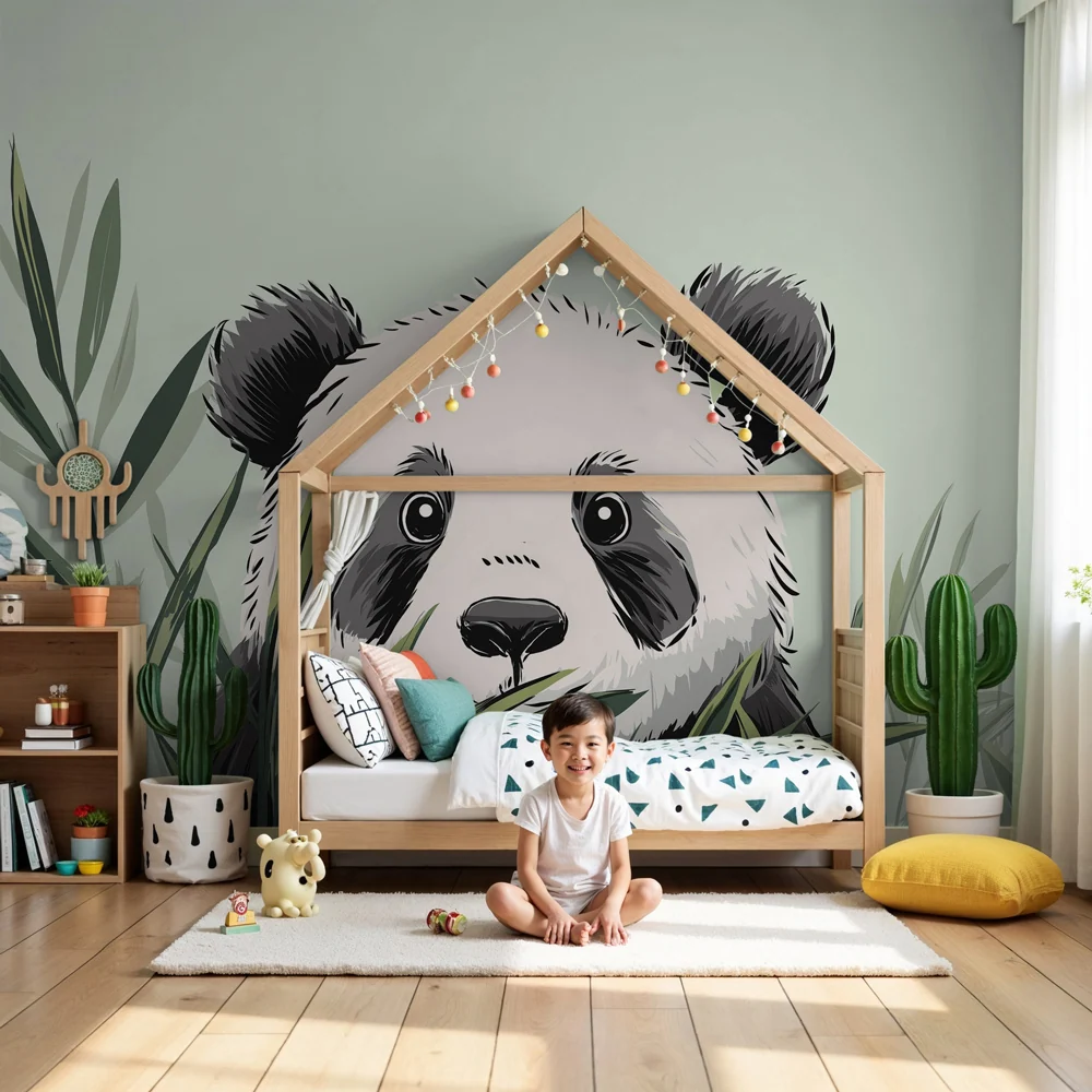 Tapéta baba szobába | Aranyos panda növényzetben