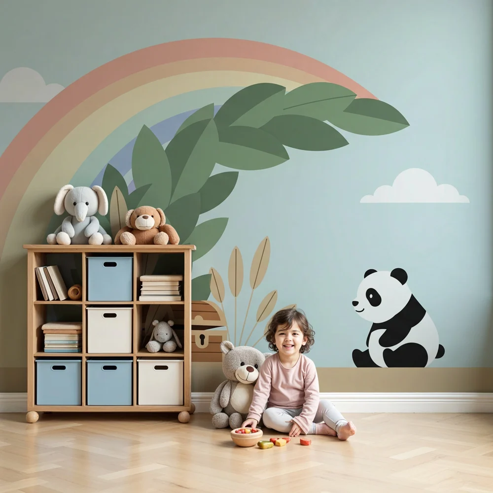 Tapéta baba szobába | Panda és szivárvány egy varázslatos világban