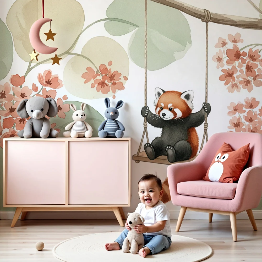 Tapéta baba szobához | Vidám vörös panda virágos kertben