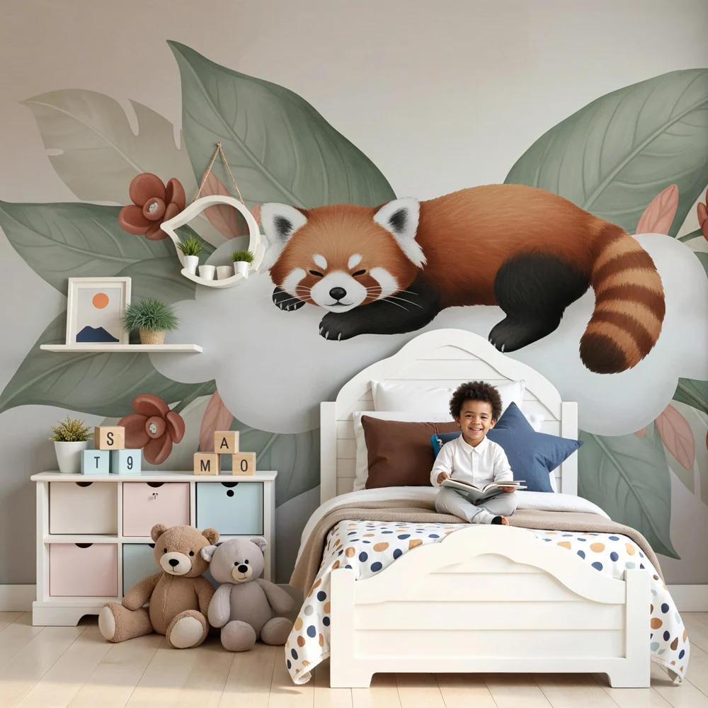 Tapéta gyerekszobába | Szundikáló vörös panda egy felhőn