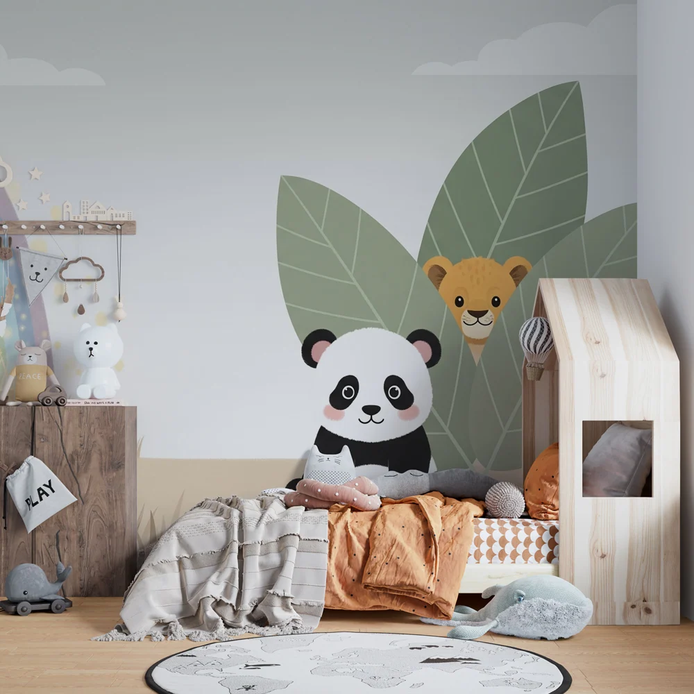 Tapéta gyermekszobába | Panda és kincs szivárvány alatt