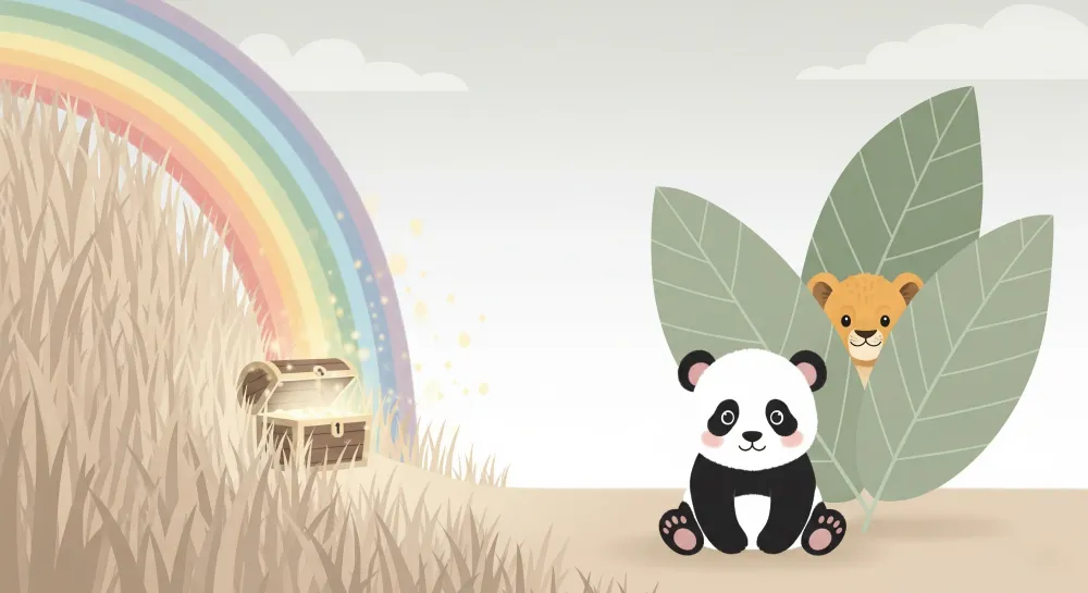 Tapéta gyermekszobába | Panda és kincs szivárvány alatt