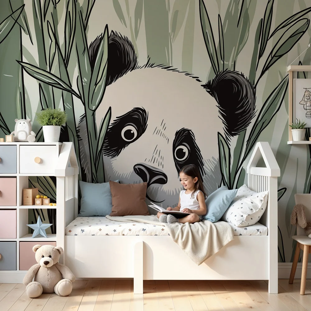 Tapéta gyermekszobába | Vidám panda dzsungelben