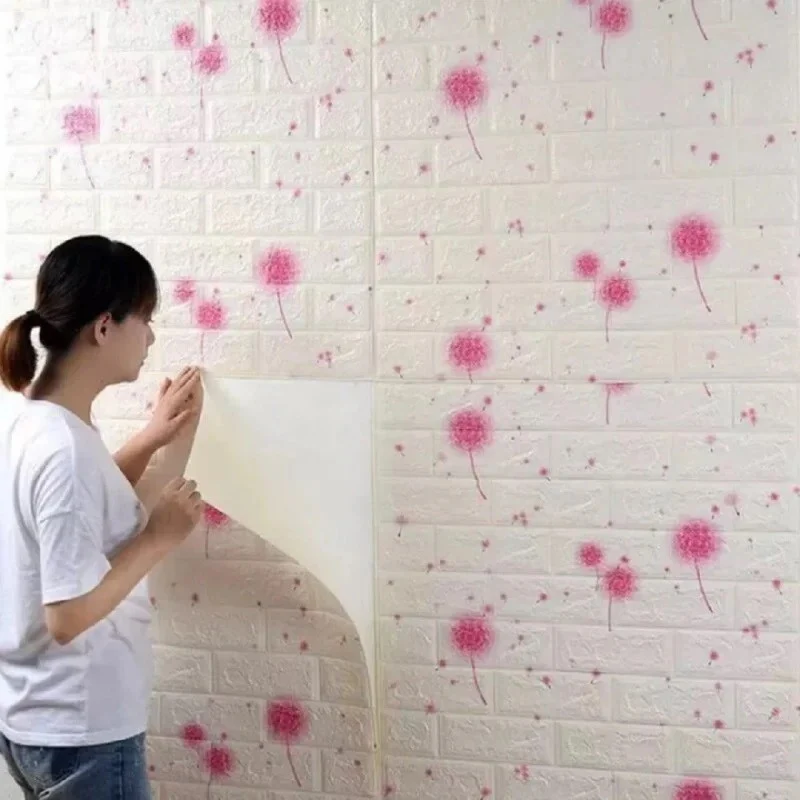 10 db 3D tapétapanel készlet, Vivimall, 70 x 77 cm, 3 mm vastag, polietilén, tégla típusú, rózsaszín pitypang mintás, 5.3...
