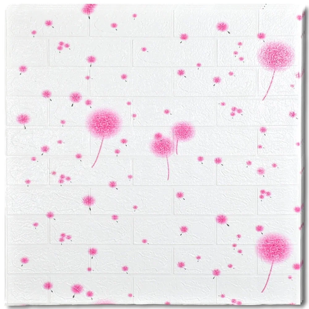 10 db 3D tapétapanel készlet, Vivimall, 70 x 77 cm, 3 mm vastag, polietilén, tégla típusú, rózsaszín pitypang mintás, 5.3...