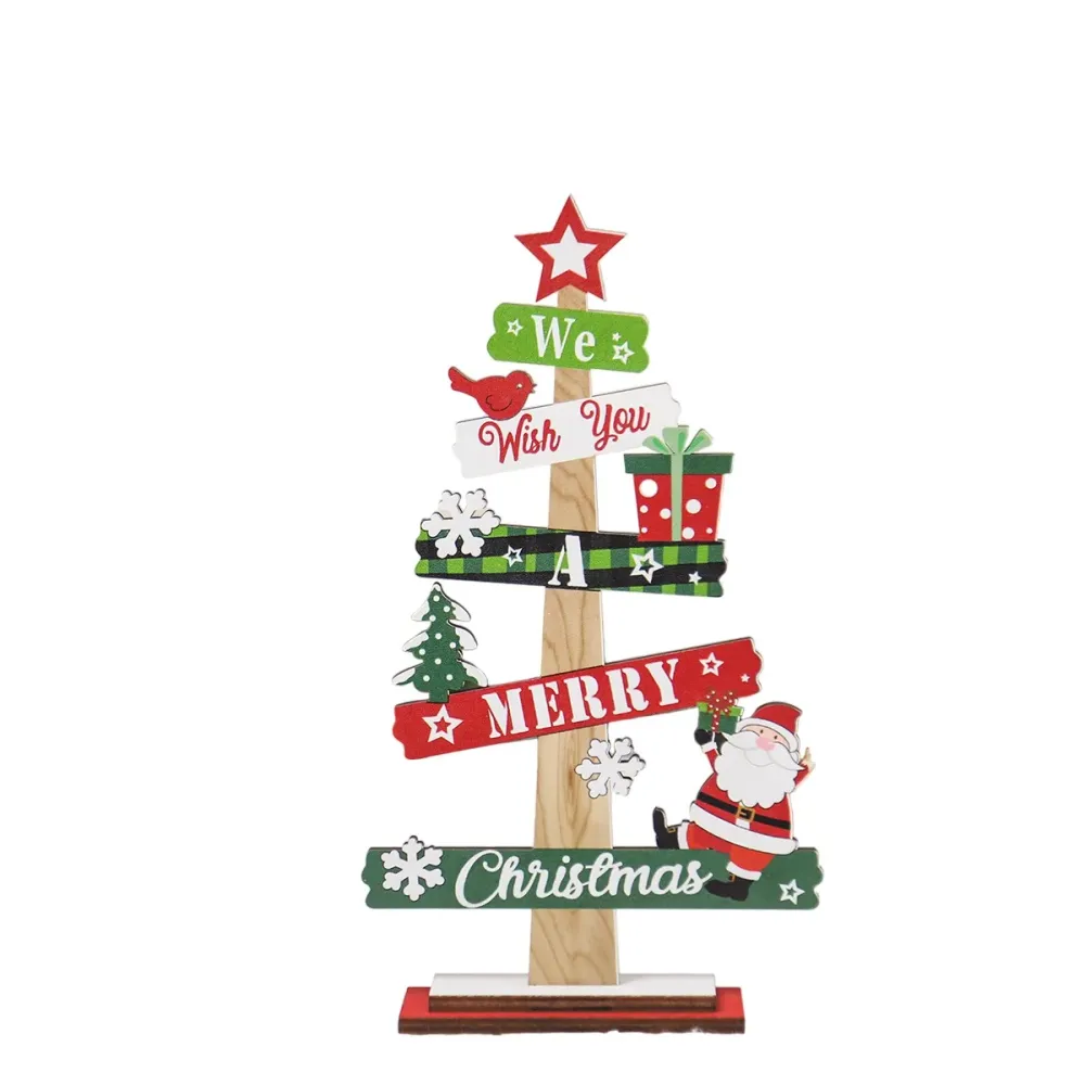 Vivimall karácsonyi fa dísz, asztalra, "We Wish You Merry Christmas" felirattal, fenyőfa modell, 21.5x12.2x4 cm, többszínű