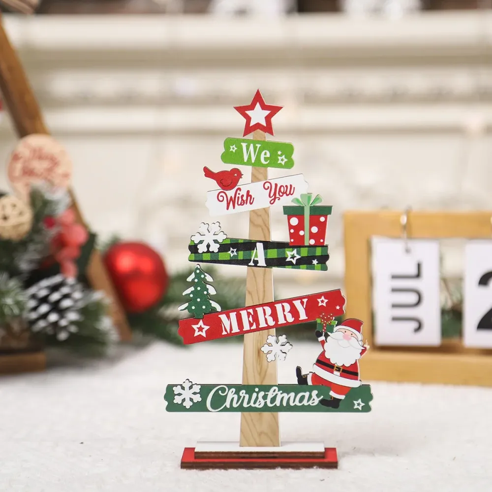 Vivimall karácsonyi fa dísz, asztalra, "We Wish You Merry Christmas" felirattal, fenyőfa modell, 21.5x12.2x4 cm, többszínű