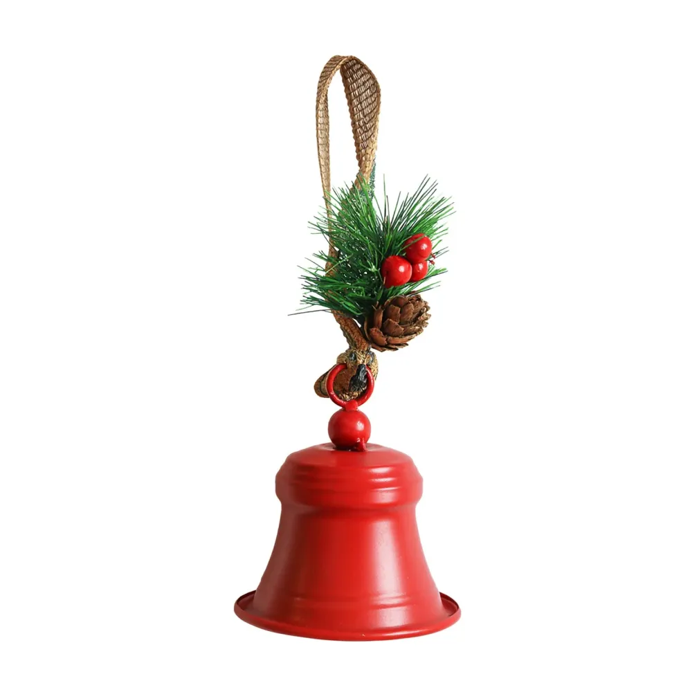 Vivimall karácsonyi díszharang, fém harang masnival és fenyőágakkal karácsonyi dekorációhoz, 10 x 8 x 8 cm, piros