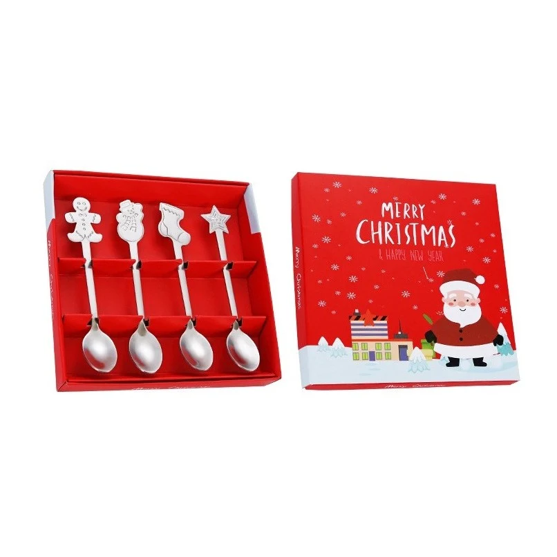 4 db Vivimall karácsonyi tematikájú rozsdamentes acél kiskanál, 4 ünnepi mintával, díszdobozban, 14 x 14 x 2,5 cm, ezüst s...