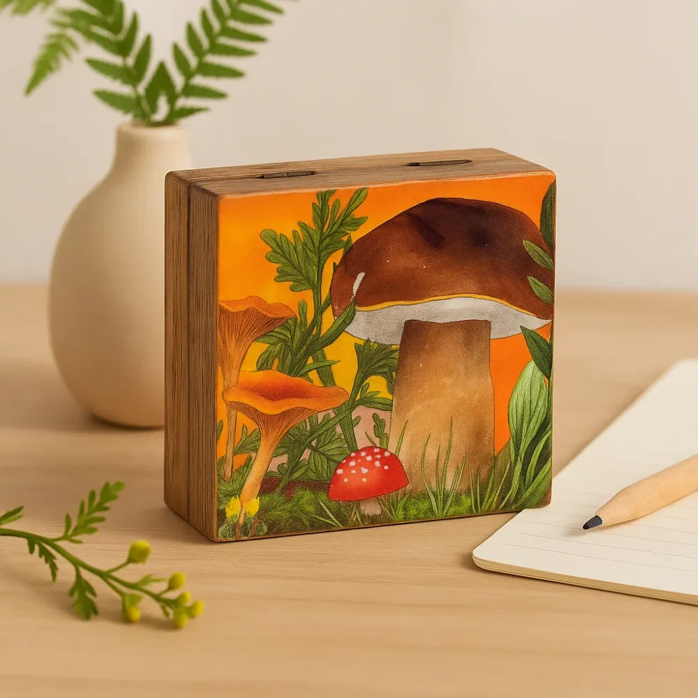 Zománcozott négyzet alakú doboz 10x10x4.2cm gomba mintával bordó