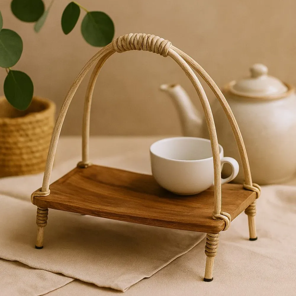 Tea állvány kókuszlevélből és rattanból, természetes