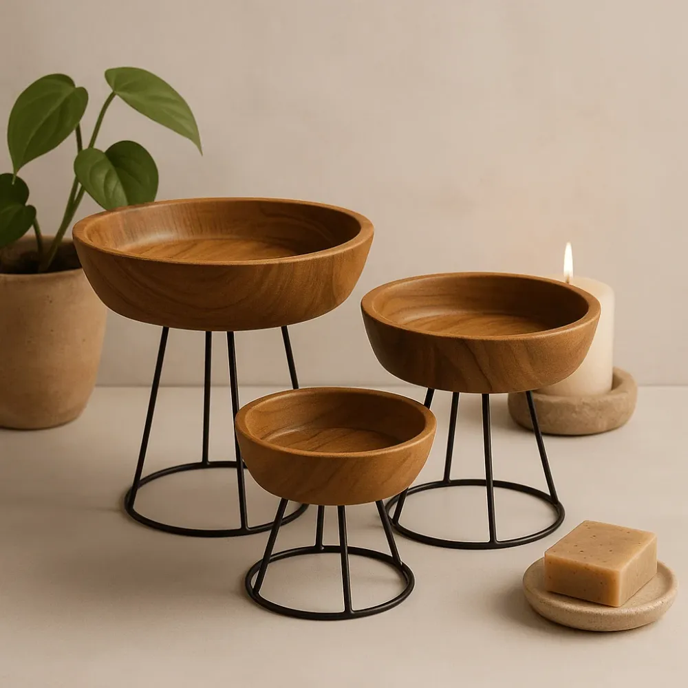 Teak tálalótálak állványokkal, 3 darabos készlet