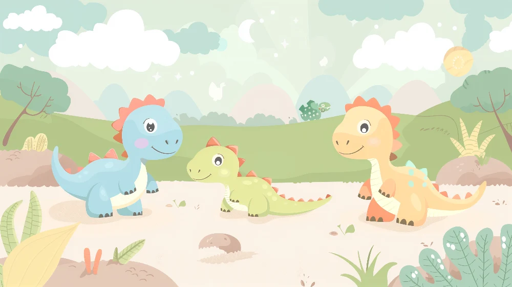 Gyermekszoba tapéta | Vidám kis dinoszauruszok egy elbűvölő pasztell tájban