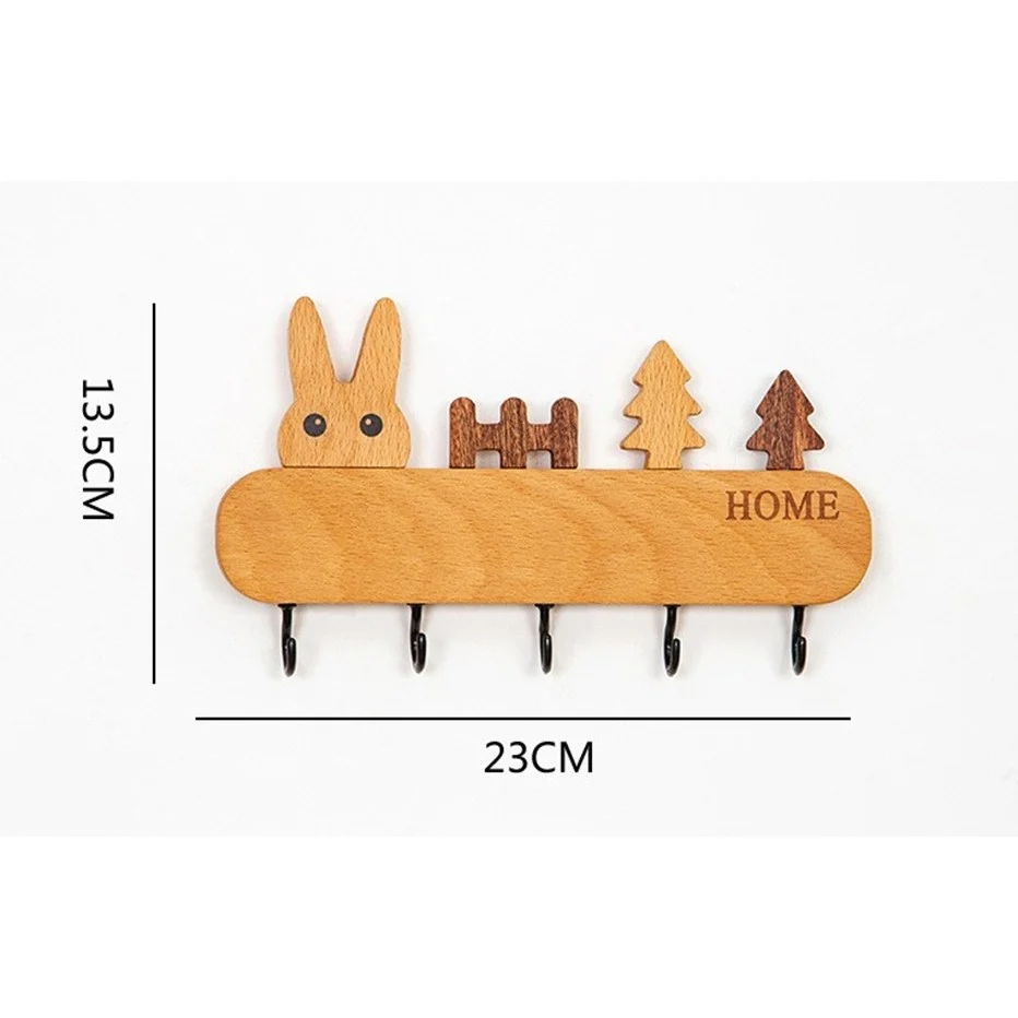 Kulcstartó, Vivimall, fából, fúrás nélküli rögzítés, öntapadós, 5 fekete kampó, nyúl mintás, terhelhetőség 5 kg, 13,5 x 22...