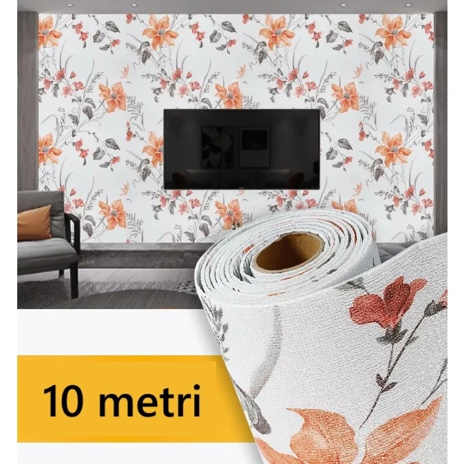 Öntapadós tekercs falra, Vivimall, vászon, 10 m, nedvességálló, 2,5 mm vastagság, virágmintás, narancssárga
