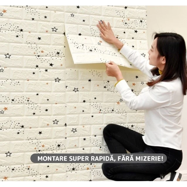 10 db tapétalap készlet, Vivimall, öntapadós, 70 x 77 cm, 5,3 nm befedett felület, PVC, kék csillagos minta, fehér