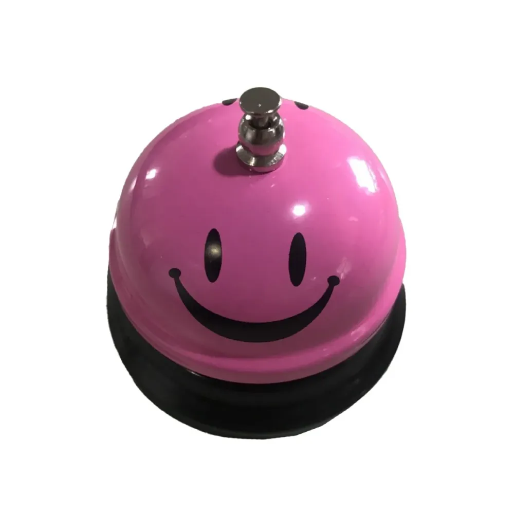 Többfunkciós fém csengő, Vivimall, rózsaszín SMILEY FACE mintával, 7.5 x 7.5 x 6.5 cm, kiképzéshez, recepcióra, éttermekbe,