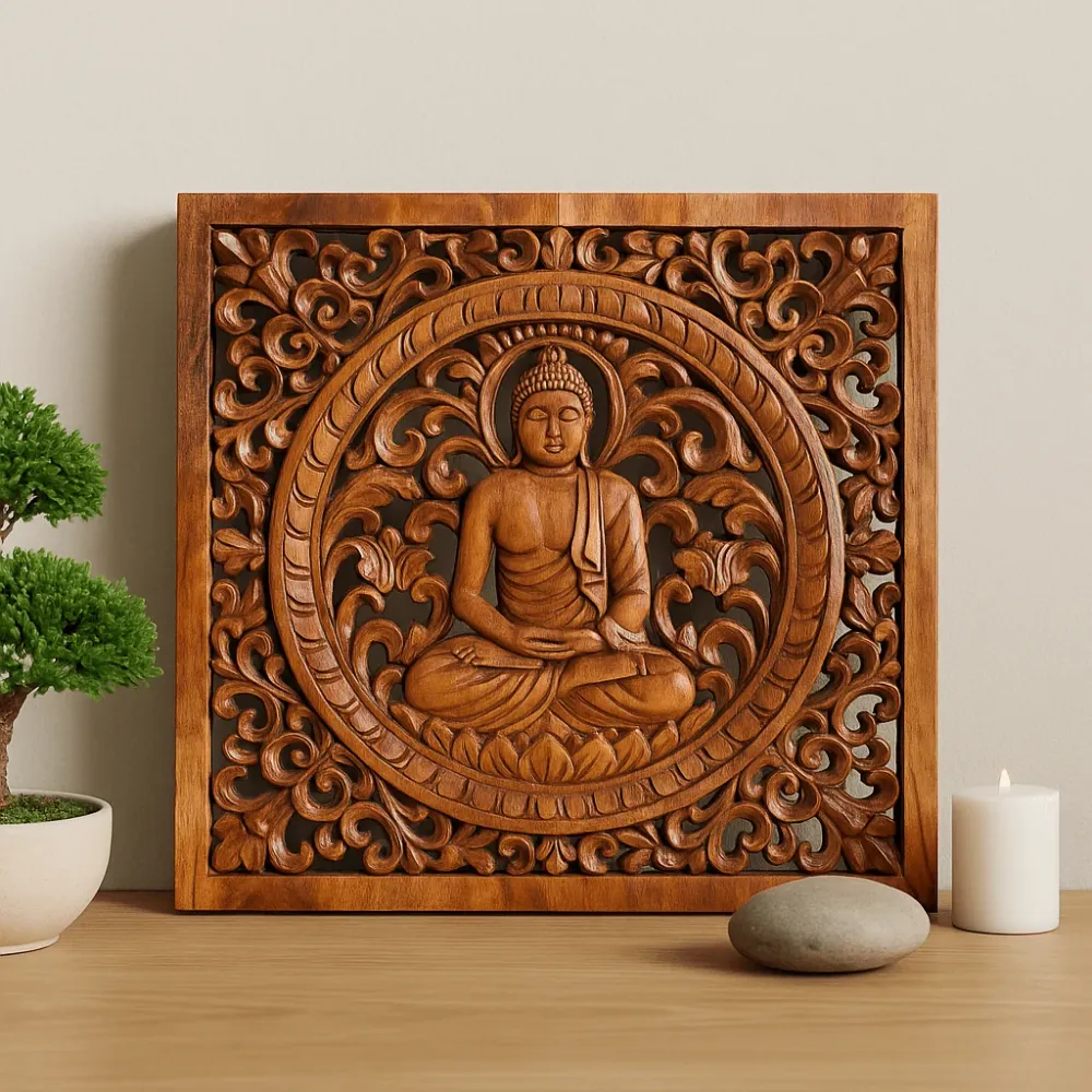 Buddha falpanel fa kézzel faragott 40x40cm