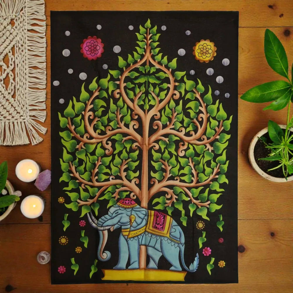 Pamut falikép (70x110cm) – Elefánt és az Élet fája