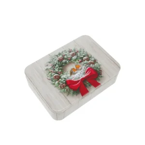 Karácsonyi konyhai fémdoboz vörösbegy madarak koszorúban 142x101x31mm