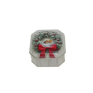 Karácsonyi konyhai fémdoboz vörösbegy madarak koszorúban 103x103x55mm