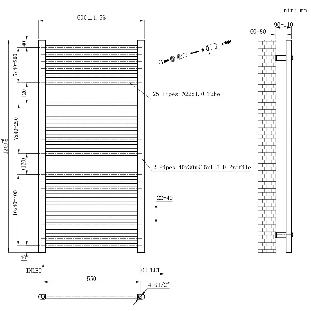 Egyenes törölközőszárító radiátor 1200x600 mm fekete