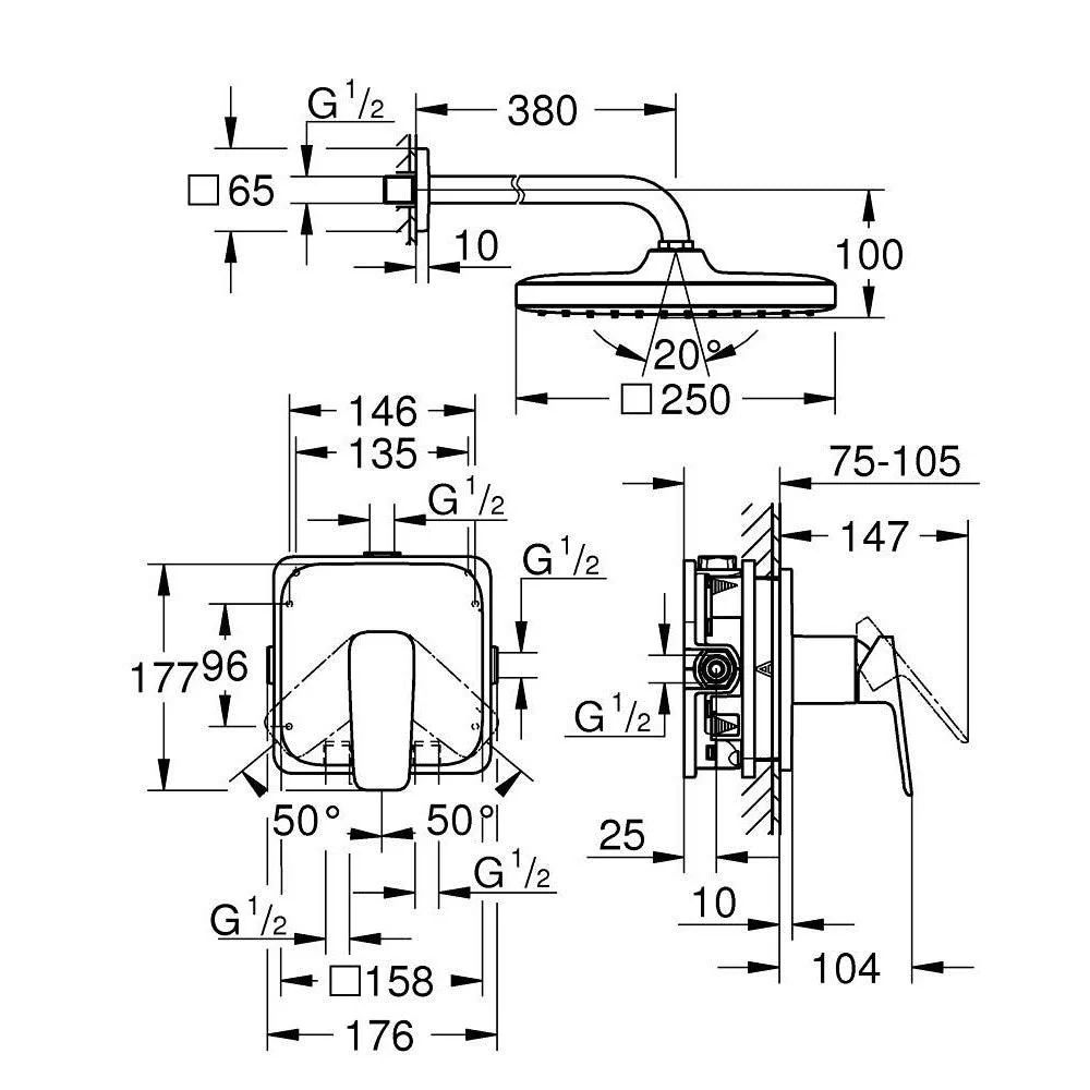 Grohe Cubeo zuhany csaptelep, színkészlet + Tempesta 250 fejzuhannyal, matt fekete (1053342430)