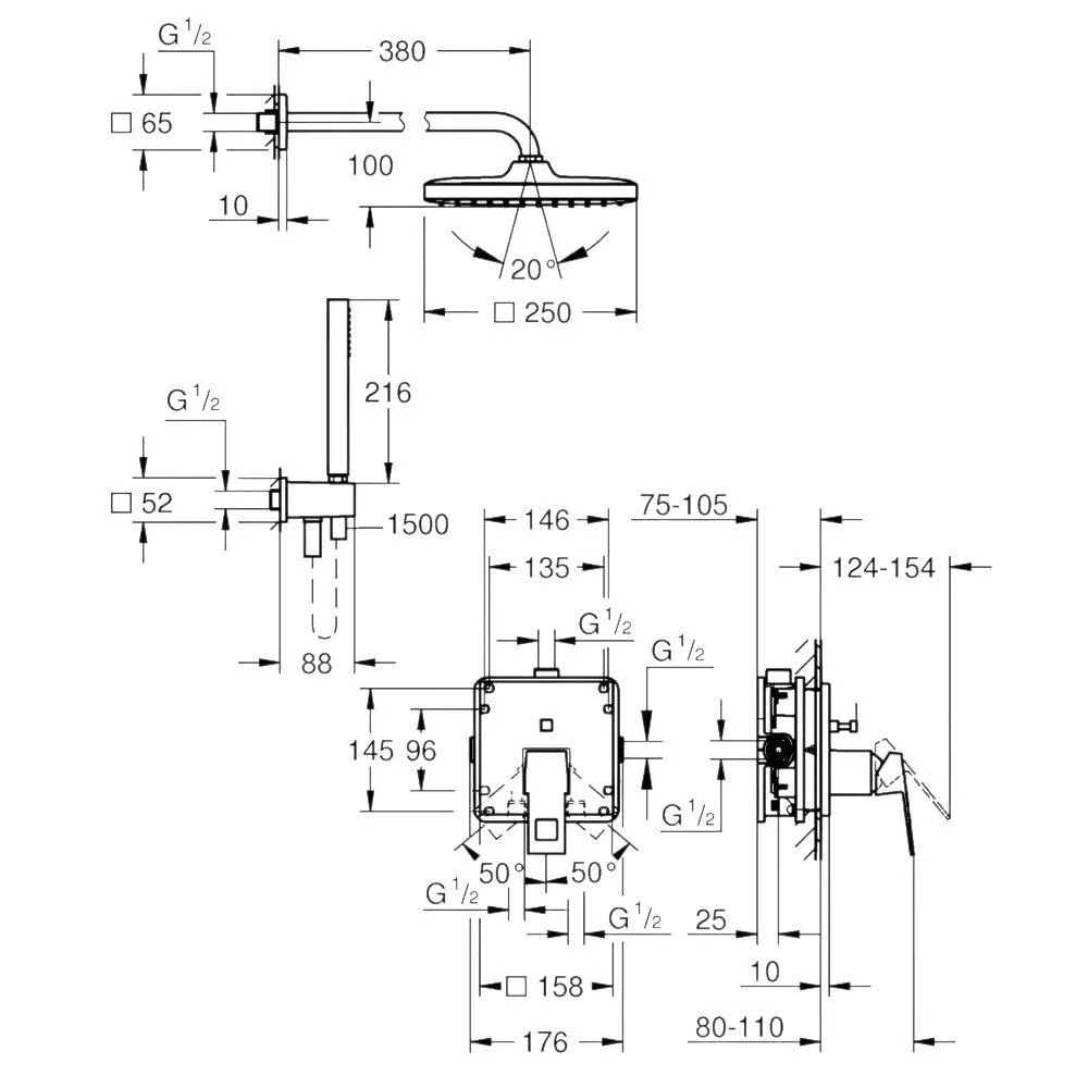Grohe Eurocube rejtett zuhanyrendszer, Tempesta 250 Cube fejzuhany (25289000)